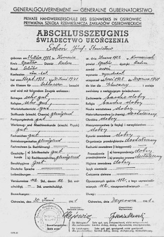 Świadectwo ukończenia szkoły z 1941r. wydane w języku polskim i niemieckim Świadectwo ukończenia szkoły z 1941r. wydane w języku polskim i niemieckim
